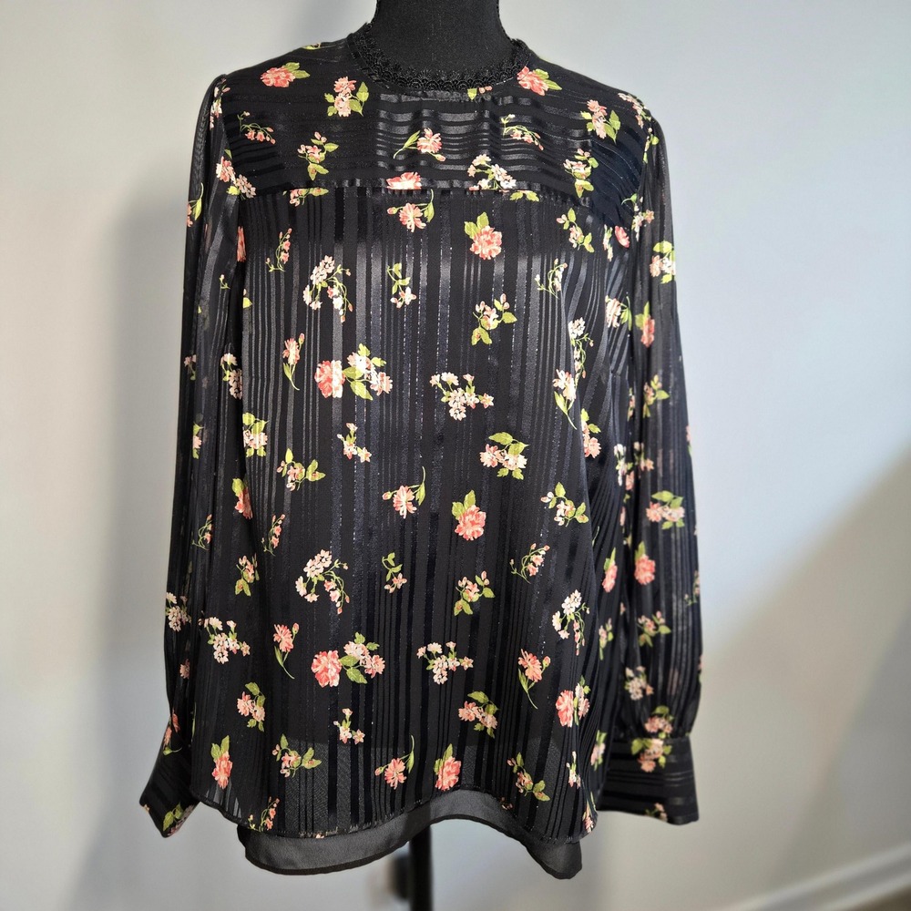 ModCloth Blouse Womens L Black Excellent Floral Satin Stripe Metallic Mock Neck